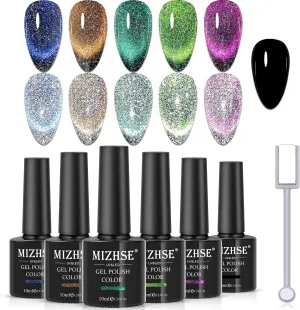 MIZHSE Reflective Glitter 9D Cat Eye Gel Nail Polish, Galaxy Magnetic Gel Polish Set with Magnet Stick, Holographic Chameleon Shimmery Effect Soak Off Nail Art Manicure Kit