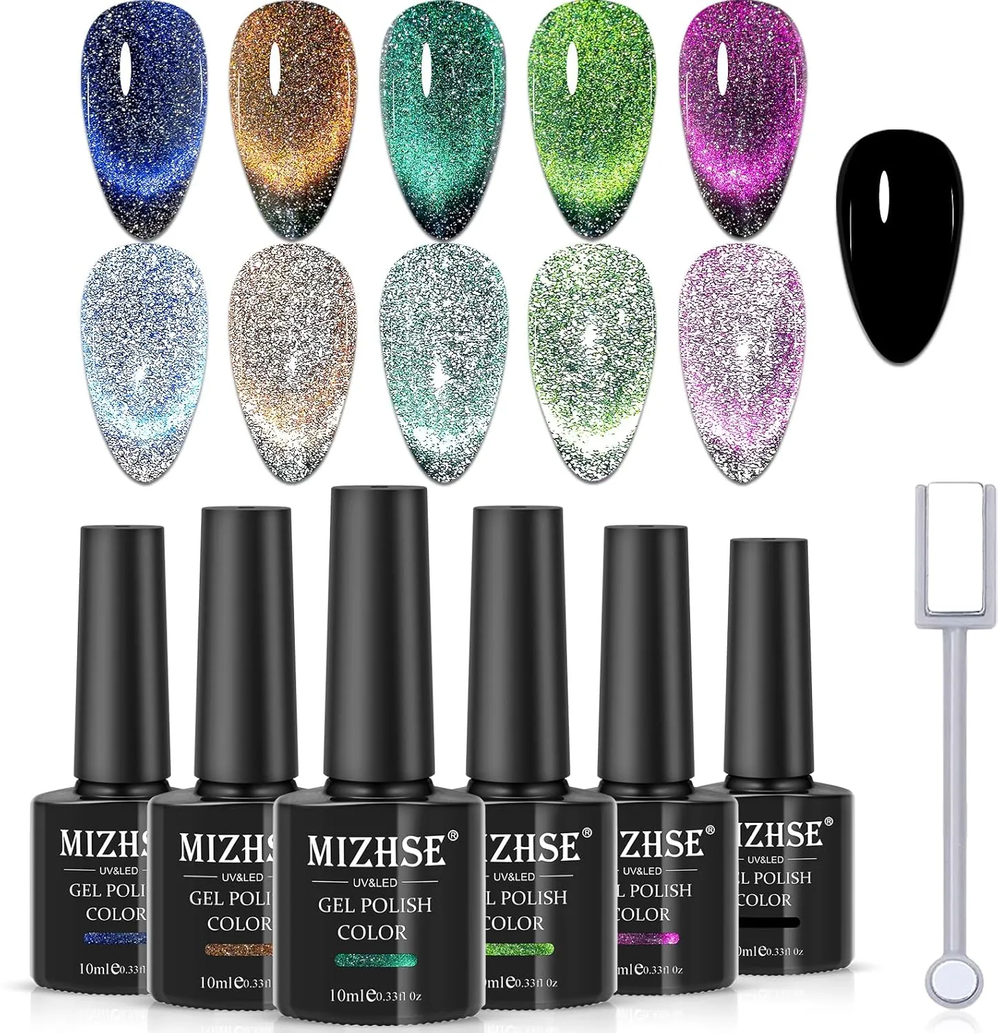 MIZHSE Reflective Glitter 9D Cat Eye Gel Nail Polish, Galaxy Magnetic Gel Polish Set with Magnet Stick, Holographic Chameleon Shimmery Effect Soak Off Nail Art Manicure Kit