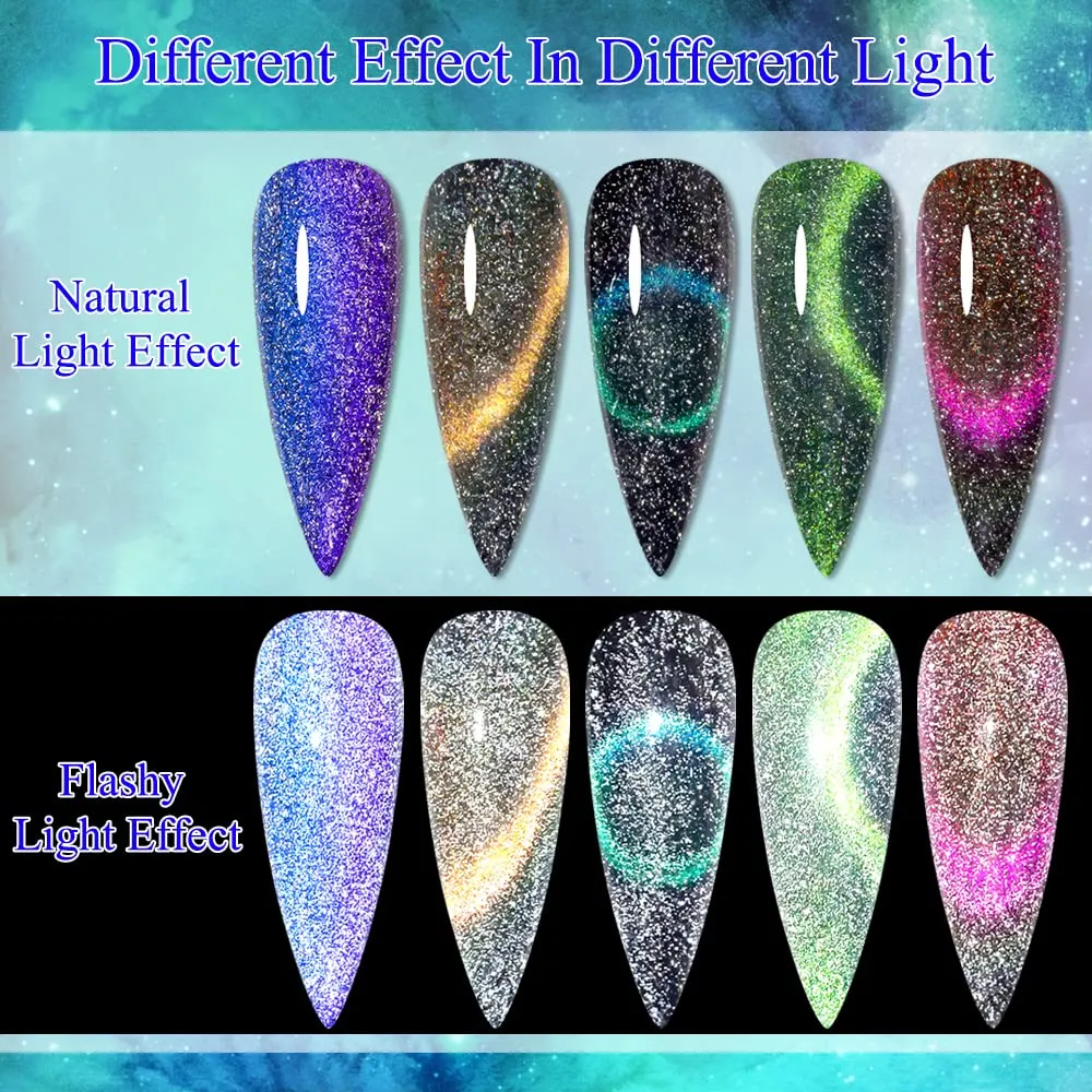 MIZHSE Reflective Glitter 9D Cat Eye Gel Nail Polish, Galaxy Magnetic Gel Polish Set with Magnet Stick, Holographic Chameleon Shimmery Effect Soak Off Nail Art Manicure Kit