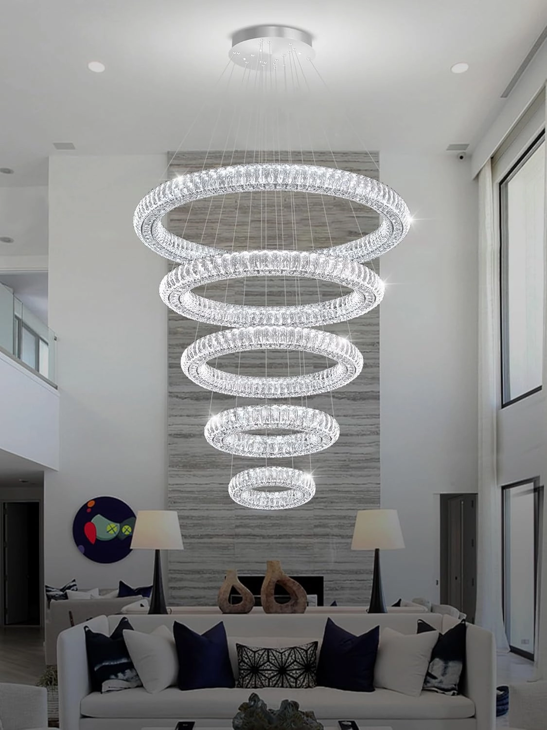Modern Crystal Chandelier Lighting, 5 Ring Chandeliers LED Ceiling Lights Fixtures High Ceiling Foyer Chandelier for Staircase, D8'' 15.7" 23.6" 31.5" 39.4"