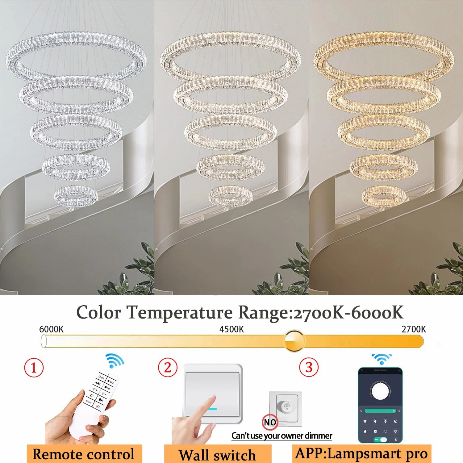 Modern Crystal Chandelier Lighting, 5 Ring Chandeliers LED Ceiling Lights Fixtures High Ceiling Foyer Chandelier for Staircase, D8'' 15.7" 23.6" 31.5" 39.4"