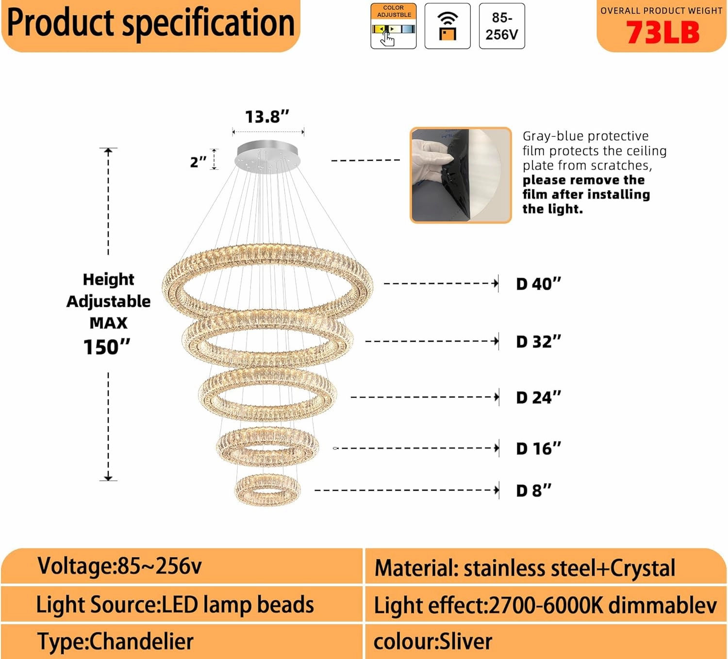 Modern Crystal Chandelier Lighting, 5 Ring Chandeliers LED Ceiling Lights Fixtures High Ceiling Foyer Chandelier for Staircase, D8'' 15.7" 23.6" 31.5" 39.4"
