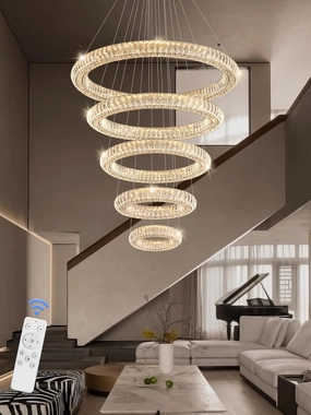 Modern Crystal Chandelier Lighting, 5 Ring Chandeliers LED Ceiling Lights Fixtures High Ceiling Foyer Chandelier for Staircase, D8'' 15.7" 23.6" 31.5" 39.4"