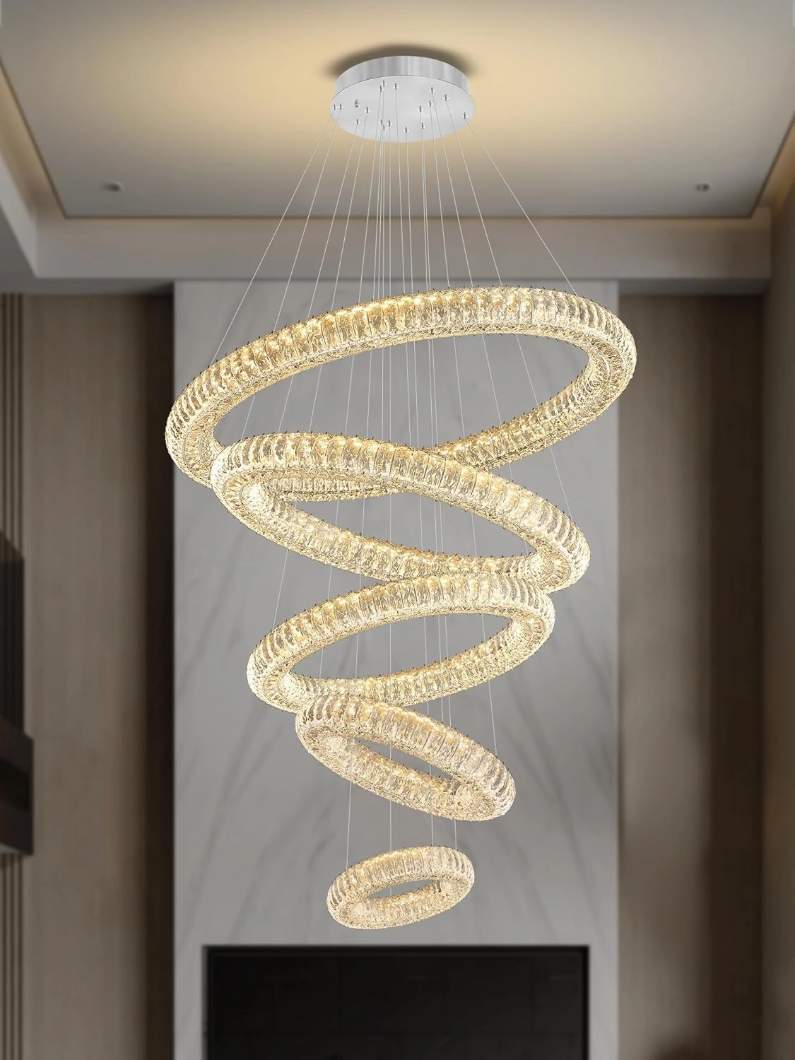 Modern Crystal Chandelier Lighting, 5 Ring Chandeliers LED Ceiling Lights Fixtures High Ceiling Foyer Chandelier for Staircase, D8'' 15.7" 23.6" 31.5" 39.4"