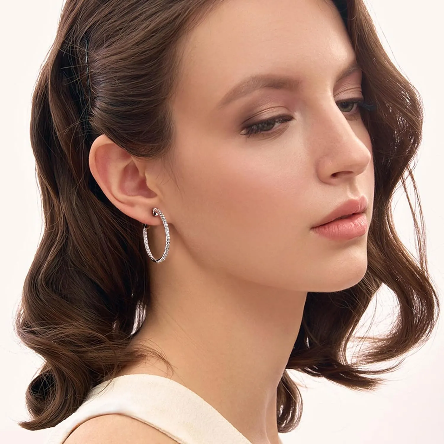 Moissanite Hoop Earrings for Women S925 Sterling Silver D Color VVS1 Round Cut Moissanite Inside Out Round Loops Hypoallergenic Large Huggie Hoop Earrings