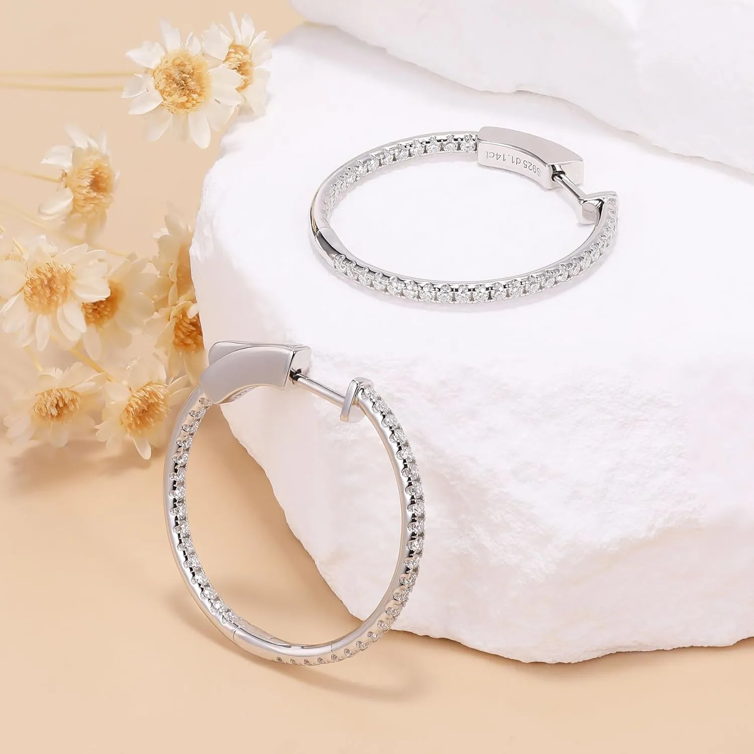 Moissanite Hoop Earrings for Women S925 Sterling Silver D Color VVS1 Round Cut Moissanite Inside Out Round Loops Hypoallergenic Large Huggie Hoop Earrings