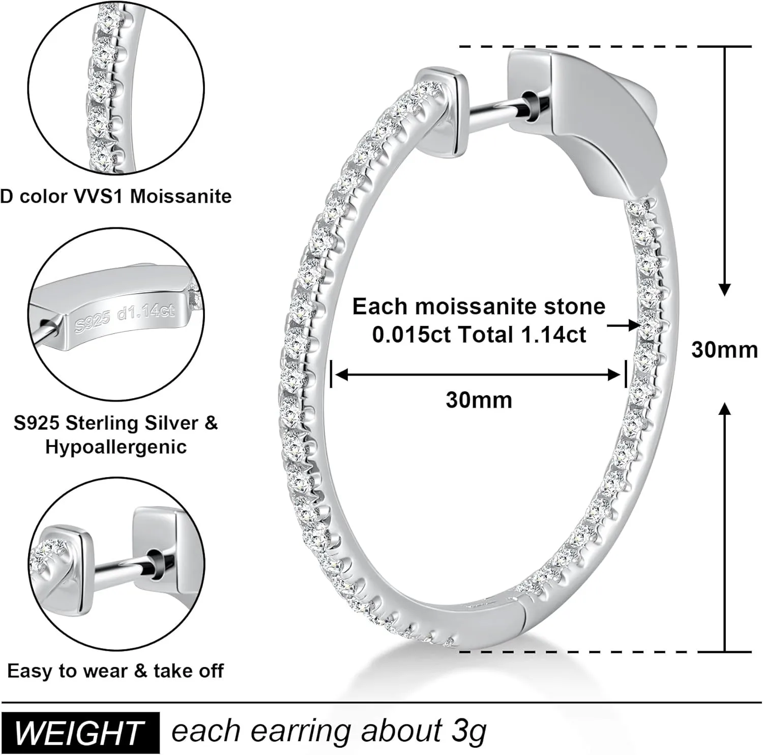 Moissanite Hoop Earrings for Women S925 Sterling Silver D Color VVS1 Round Cut Moissanite Inside Out Round Loops Hypoallergenic Large Huggie Hoop Earrings