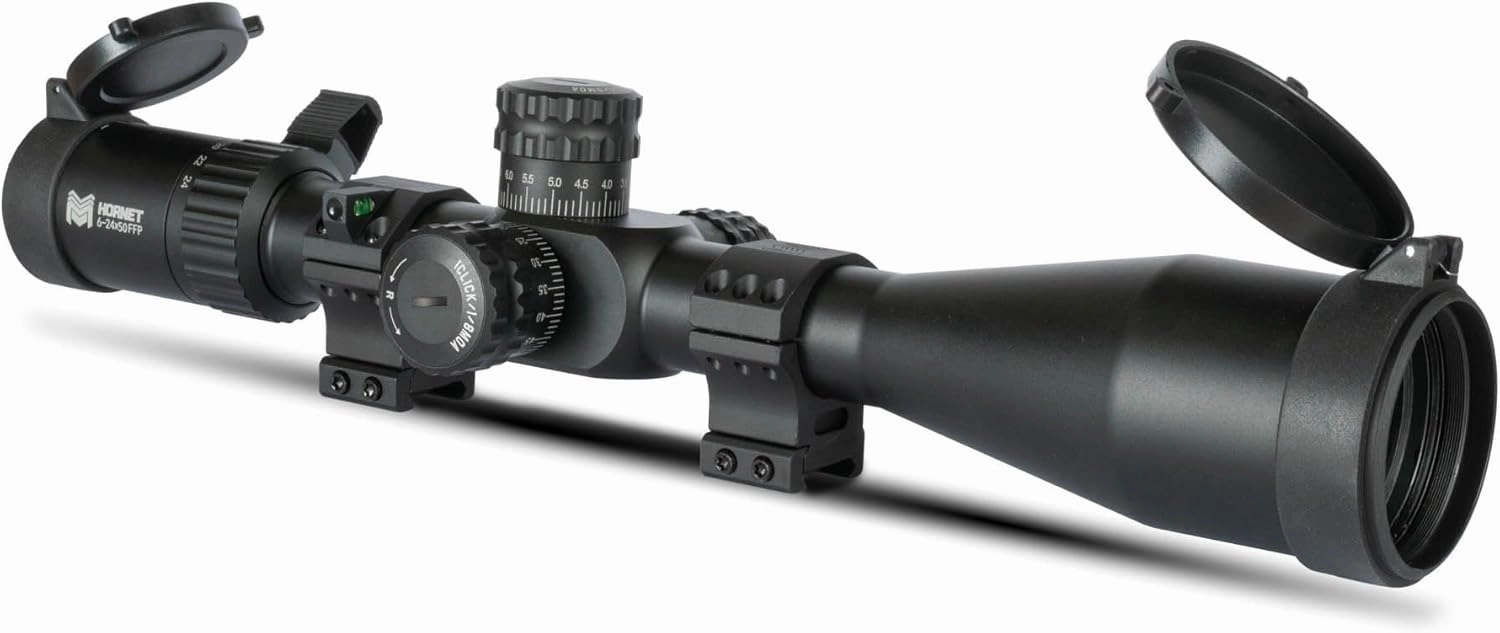 Monstrum Hornet 6-24x50 FFP Rifle Scope | Includes Zero Stop, Scope Level, and Detachable Sunshade