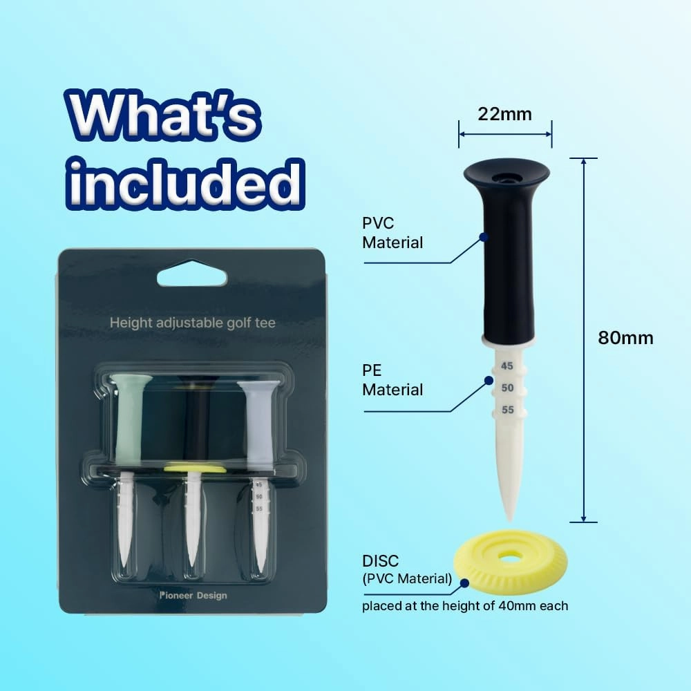 Motex Pioneer Design Height Adjustable Golf Tees, Made of PE and PVC Materials | 40, 45, 50, 55mm Height Available - 3pcs (PID-GT-02A, PID-GT-02B)
