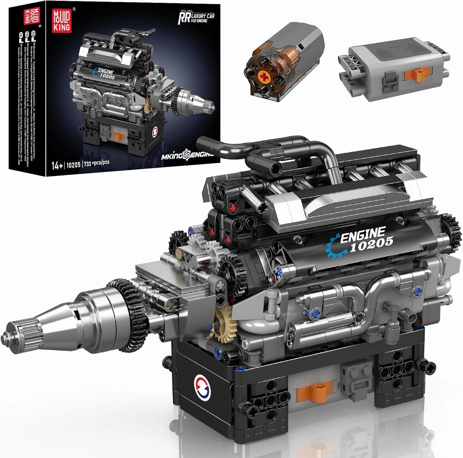 Mould King V12 Engine Building Blocks Sets, 10205 Car Engine Model kit That Run, Build Your Own STEM Model Mini Engine, 12-Cylinder Engine Building Engineering Toys for Kids/Adults(733 PCS)