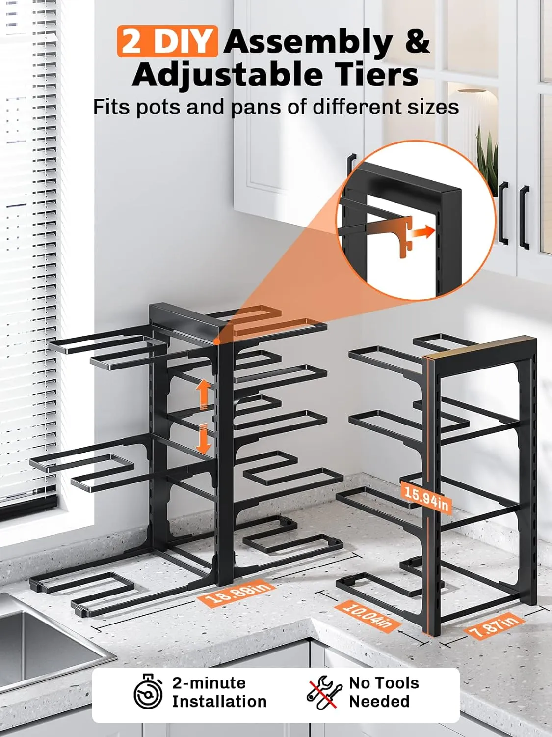 MUDEELA 8-Tier Heavy Duty Adjustable Pan Organizer Rack for Kitchen Cabinet Storage and Organization