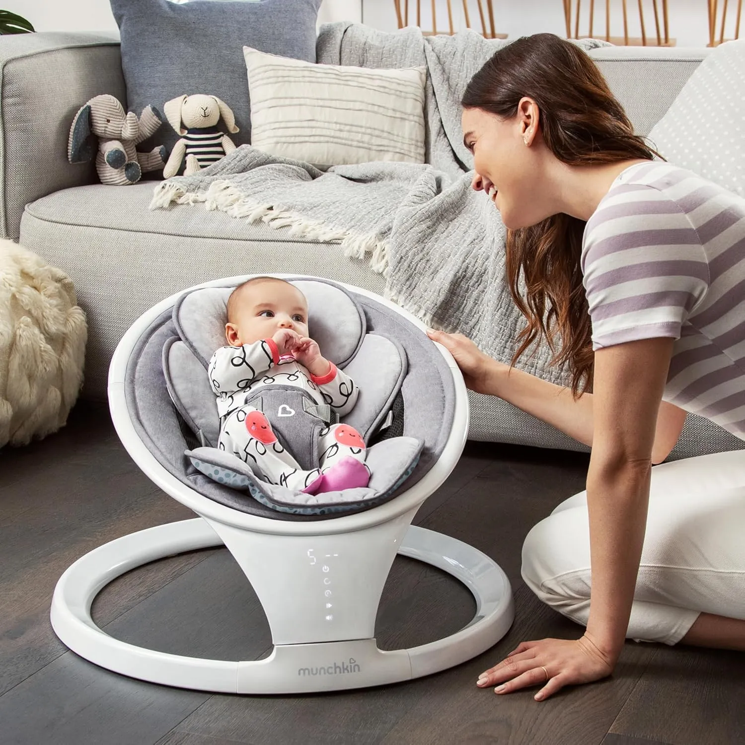 Munchkin Baby Swing, Portable and Lightweight, Bluetooth Enabled Electric Infant Rocker with Natural Sway in 5 Ranges of Motion, Newborn Nursery Essentials, White/Grey