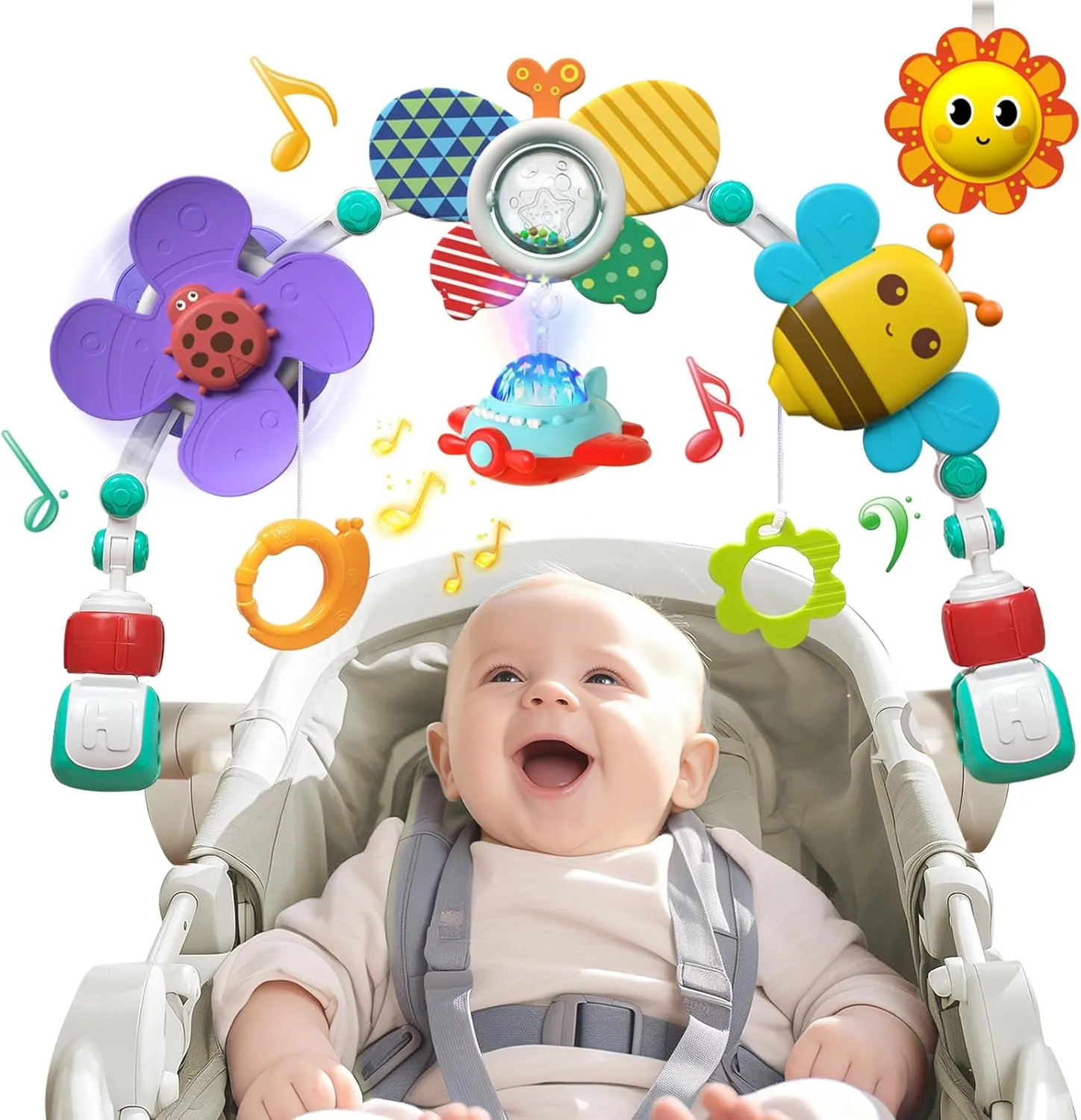 Musical Baby Stroller Arch, Travel Car Seat Toys, Baby Play Arch Crib Accessory, Mobile for Bassinet, Pram Activity Arch Bar for Babies Infants