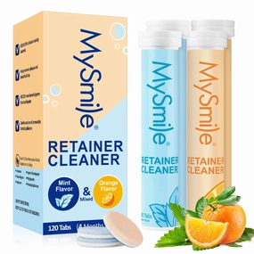 MySmile Retainer Cleaner with 120 Denture Cleaning Tablets, Quickly Remove Odors, Discoloration Stains & Plaque from Aligner, Mouth Guard, Night Guard and More Dental Appliances (Mint Orange Flavor)
