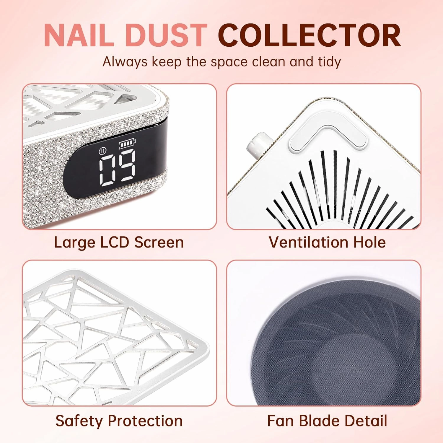 Nail Dust Collector, Cordless Dust Collector Nail Tech, Powerful Vacuum Fan Vent Dust Collector Extractor Dust Suction Machine for Acrylic Nails Polishing, Nail Salon