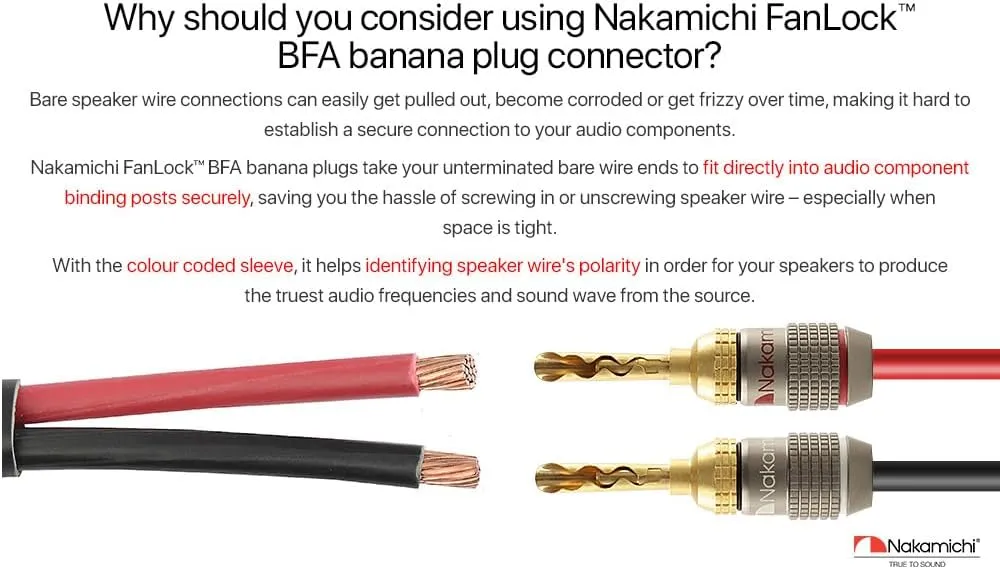 Nakamichi FanLock Excel Series 24k Gold Plated BFA Banana Plug 10 AWG - 18 AWG Gauge Size 4mm for Speakers Amplifier Hi-Fi Stereo Home Theatre Radio Audio Wire Cable Quick Connector, 16 Pcs (8-Pairs)