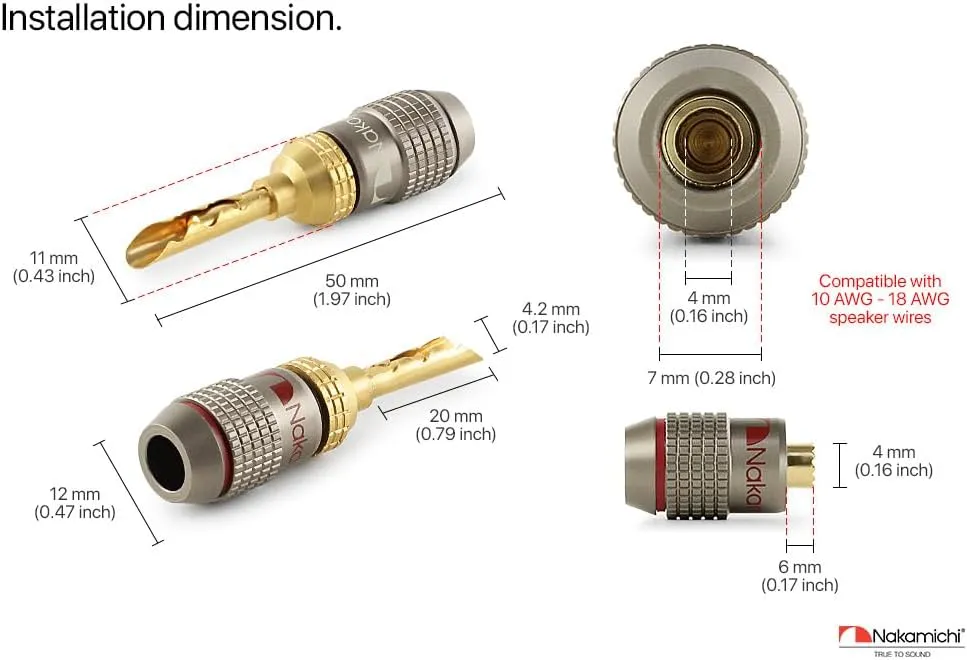 Nakamichi FanLock Excel Series 24k Gold Plated BFA Banana Plug 10 AWG - 18 AWG Gauge Size 4mm for Speakers Amplifier Hi-Fi Stereo Home Theatre Radio Audio Wire Cable Quick Connector, 16 Pcs (8-Pairs)