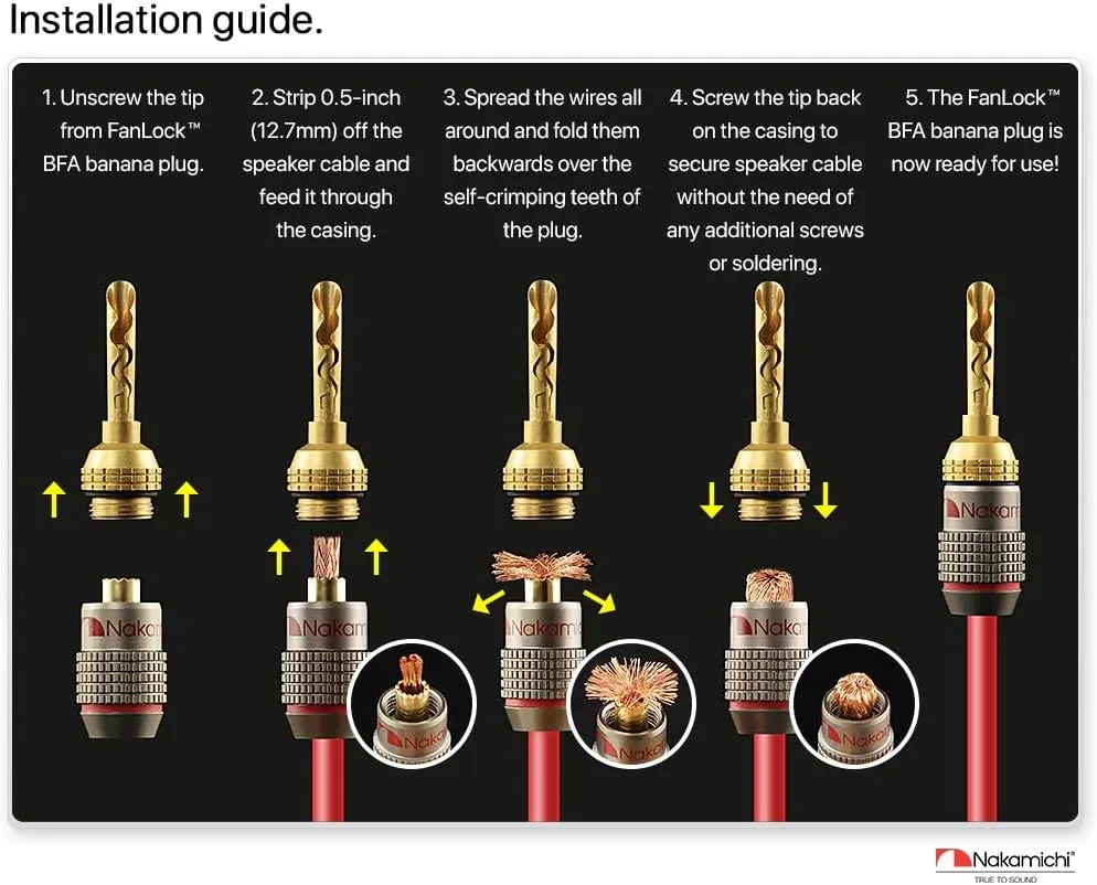 Nakamichi FanLock Excel Series 24k Gold Plated BFA Banana Plug 10 AWG - 18 AWG Gauge Size 4mm for Speakers Amplifier Hi-Fi Stereo Home Theatre Radio Audio Wire Cable Quick Connector, 16 Pcs (8-Pairs)