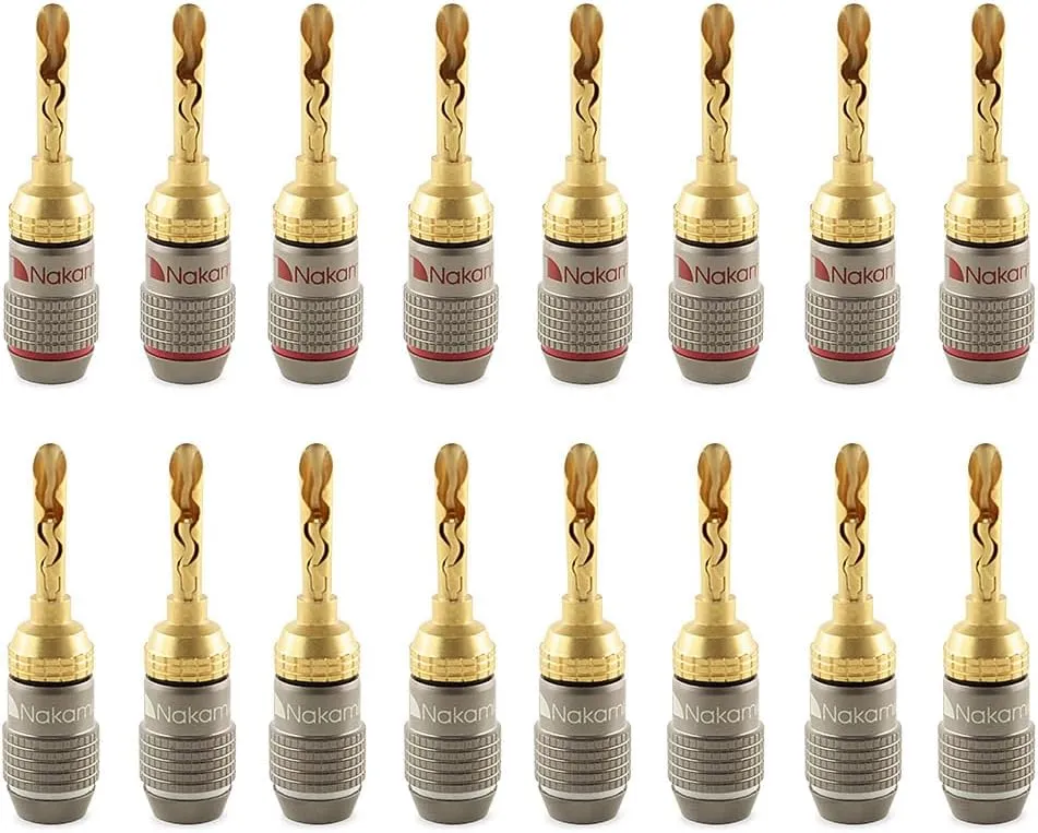 Nakamichi FanLock Excel Series 24k Gold Plated BFA Banana Plug 10 AWG - 18 AWG Gauge Size 4mm for Speakers Amplifier Hi-Fi Stereo Home Theatre Radio Audio Wire Cable Quick Connector, 16 Pcs (8-Pairs)