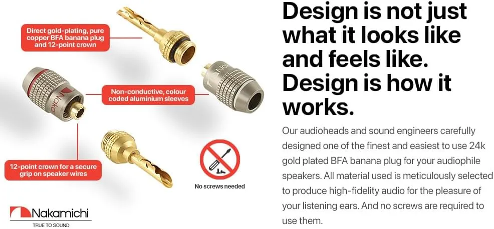 Nakamichi FanLock Excel Series 24k Gold Plated BFA Banana Plug 10 AWG - 18 AWG Gauge Size 4mm for Speakers Amplifier Hi-Fi Stereo Home Theatre Radio Audio Wire Cable Quick Connector, 16 Pcs (8-Pairs)