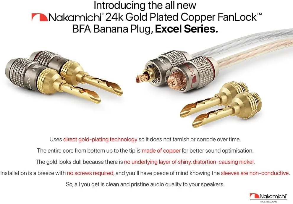 Nakamichi FanLock Excel Series 24k Gold Plated BFA Banana Plug 10 AWG - 18 AWG Gauge Size 4mm for Speakers Amplifier Hi-Fi Stereo Home Theatre Radio Audio Wire Cable Quick Connector, 16 Pcs (8-Pairs)