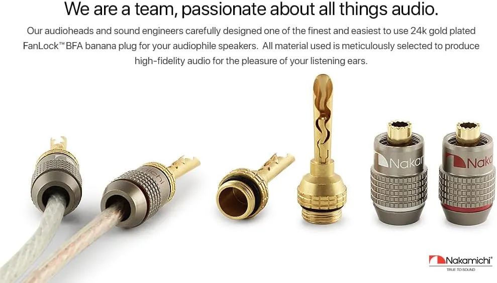 Nakamichi FanLock Excel Series 24k Gold Plated BFA Banana Plug 10 AWG - 18 AWG Gauge Size 4mm for Speakers Amplifier Hi-Fi Stereo Home Theatre Radio Audio Wire Cable Quick Connector, 16 Pcs (8-Pairs)