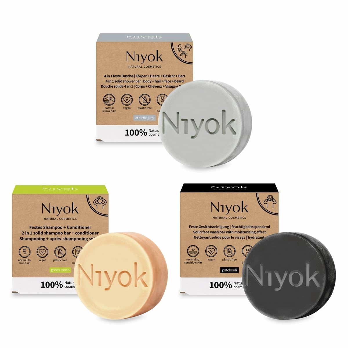 Natural Cosmetics Shower Bar 3-Pack including Green Touch Shampoo   Conditioner 80g, Patchouli Face Wash Bar 80g, Athletic Grey 4-in-1 Shower Bar 80g