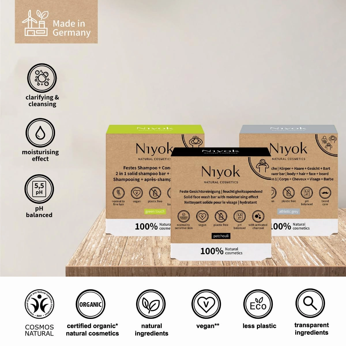 Natural Cosmetics Shower Bar 3-Pack including Green Touch Shampoo   Conditioner 80g, Patchouli Face Wash Bar 80g, Athletic Grey 4-in-1 Shower Bar 80g