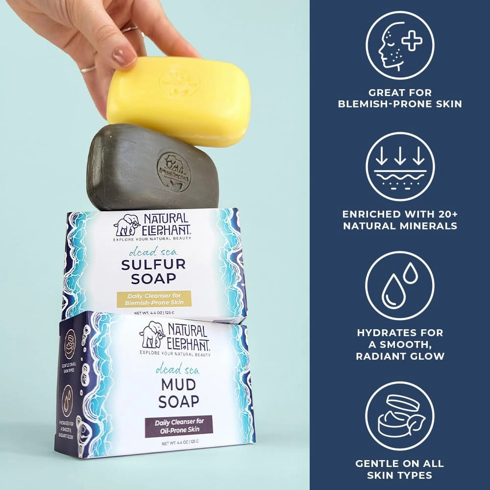 Natural Elephant Dead Sea Sulfur Soap 4.4 oz with Dead Sea Salt, Aloe Vera, Sulphur Face and Body Bar for All Skin Types (1 Sulfur   1 Mud Soap (2 Bars Total))