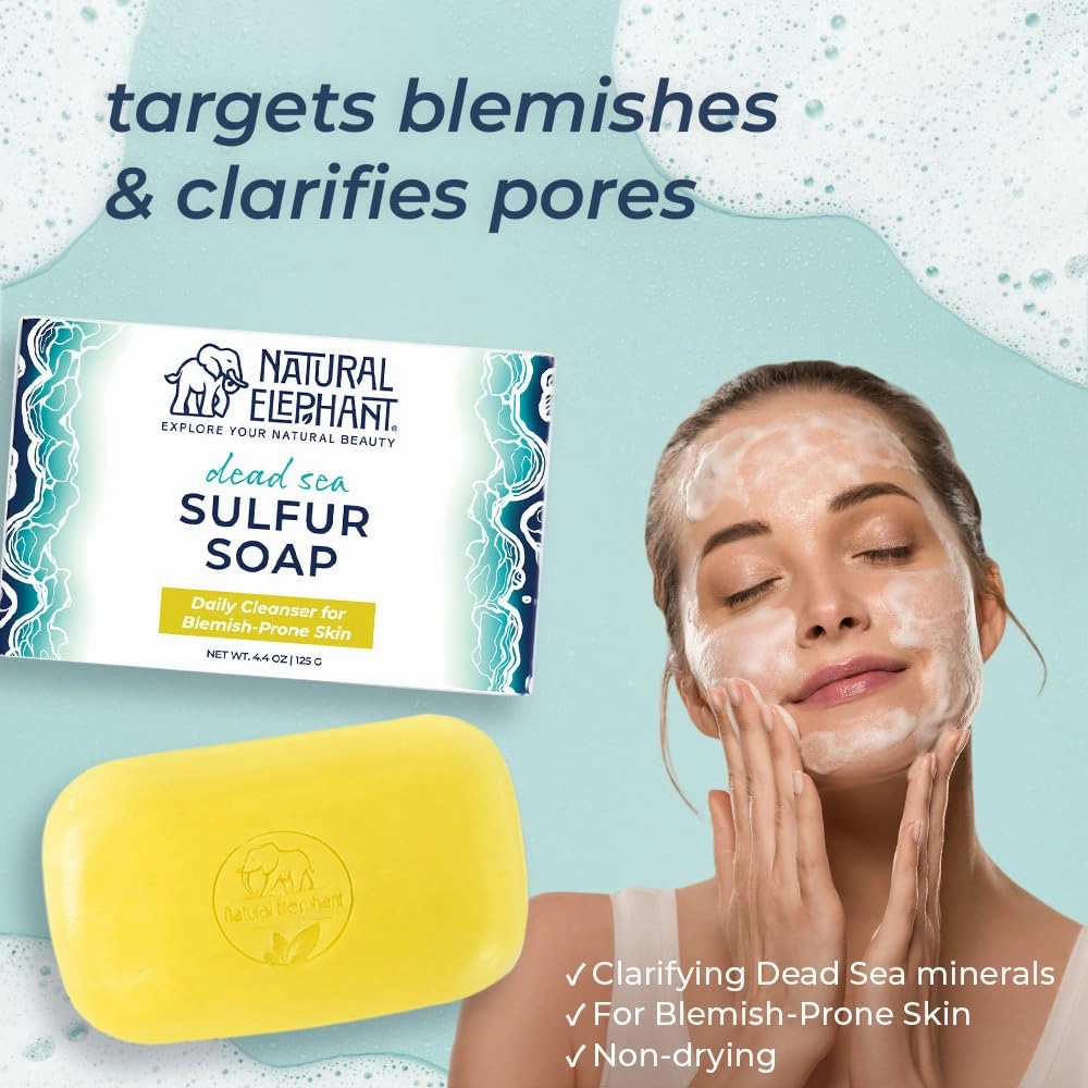 Natural Elephant Dead Sea Sulfur Soap 4.4 oz with Dead Sea Salt, Aloe Vera, Sulphur Face and Body Bar for All Skin Types (1 Sulfur   1 Mud Soap (2 Bars Total))