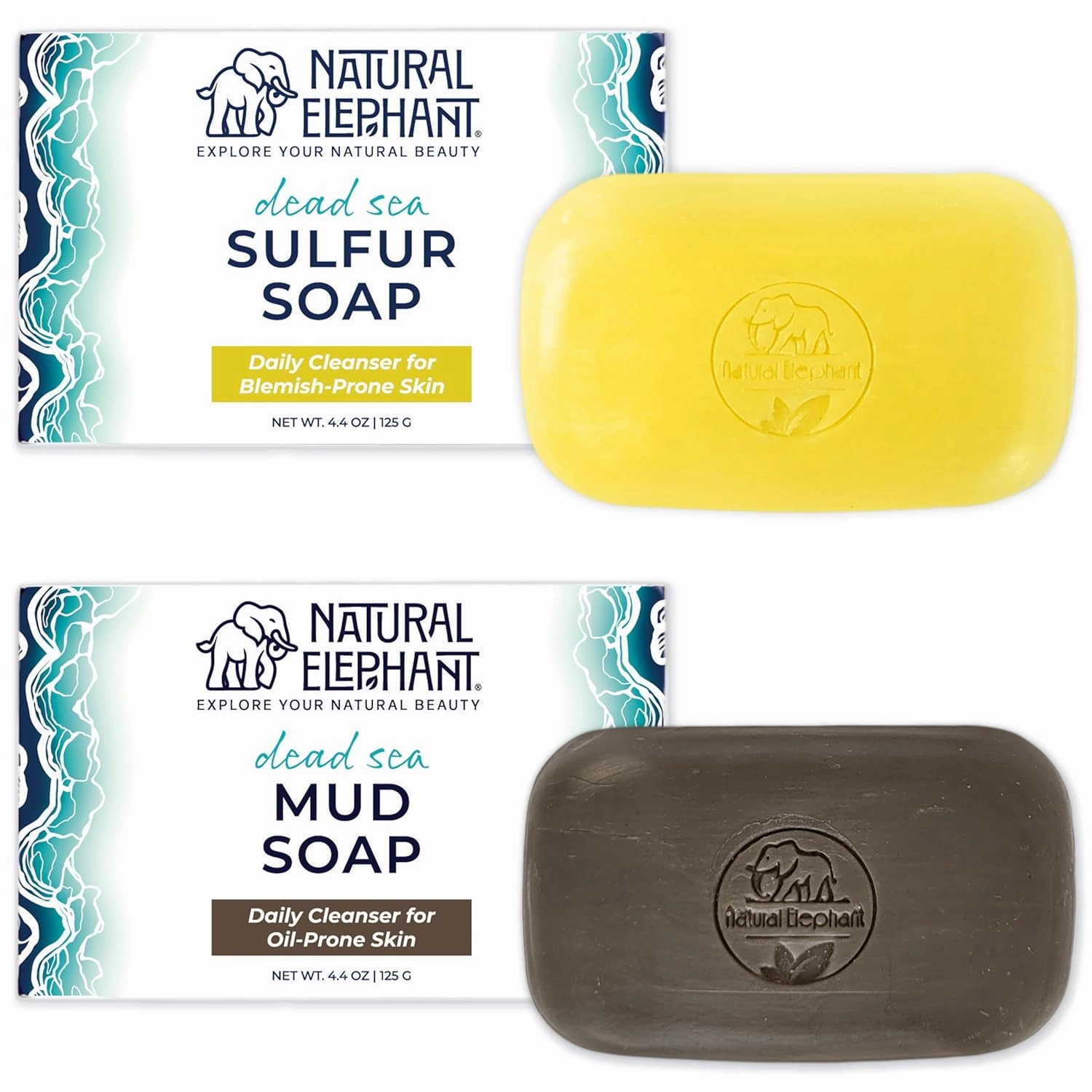 Natural Elephant Dead Sea Sulfur Soap 4.4 oz with Dead Sea Salt, Aloe Vera, Sulphur Face and Body Bar for All Skin Types (1 Sulfur   1 Mud Soap (2 Bars Total))