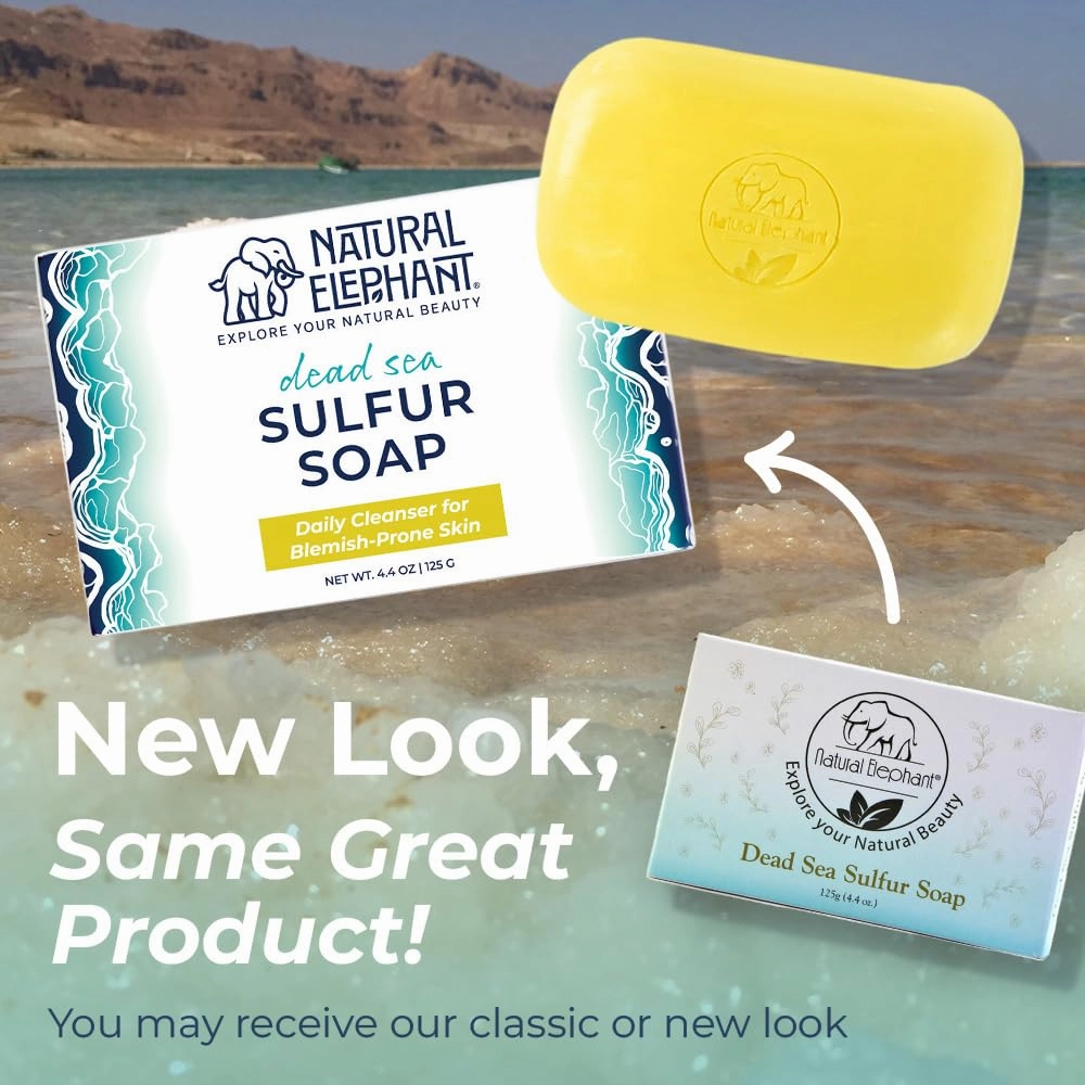 Natural Elephant Dead Sea Sulfur Soap 4.4 oz with Dead Sea Salt, Aloe Vera, Sulphur Face and Body Bar for All Skin Types (1 Sulfur   1 Mud Soap (2 Bars Total))