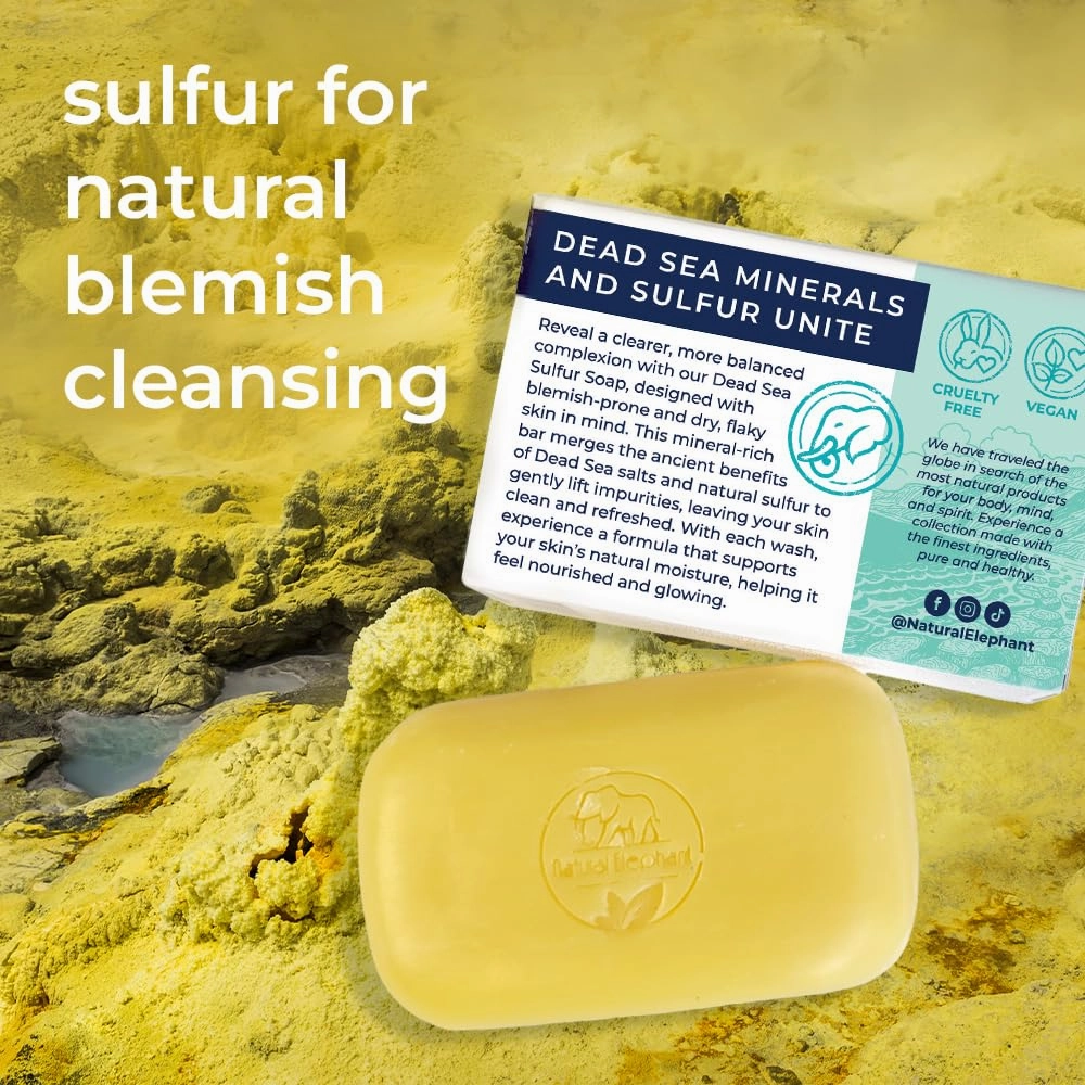 Natural Elephant Dead Sea Sulfur Soap 4.4 oz with Dead Sea Salt, Aloe Vera, Sulphur Face and Body Bar for All Skin Types (1 Sulfur   1 Mud Soap (2 Bars Total))