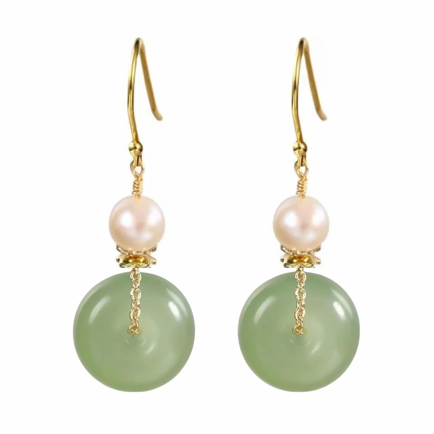 Natural Jade & Freshwater Pearls Earrings Dainty Handmade Earrings for Women Dangle Hook Earrings Drop Earrings Lucky Jewelry Gift for Mom Lover Her (14K Gold Filled)