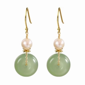 Natural Jade & Freshwater Pearls Earrings Dainty Handmade Earrings for Women Dangle Hook Earrings Drop Earrings Lucky Jewelry Gift for Mom Lover Her (14K Gold Filled)