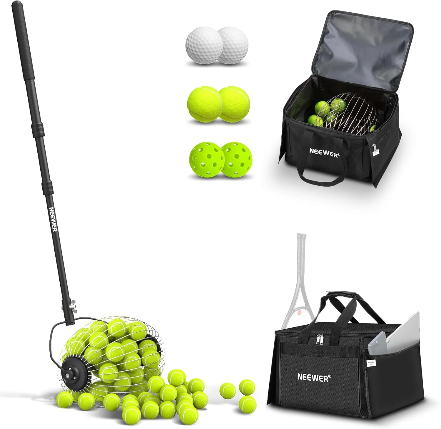NEEWER Tennis Ball Pickleball Collector Roller, No Bending Over Quick Rolling Picker for 1.5"-3" Balls, 30-58"/77-148cm Telescopic Golf Ball Retriever for Up to 40 Tennis Balls, TB01S