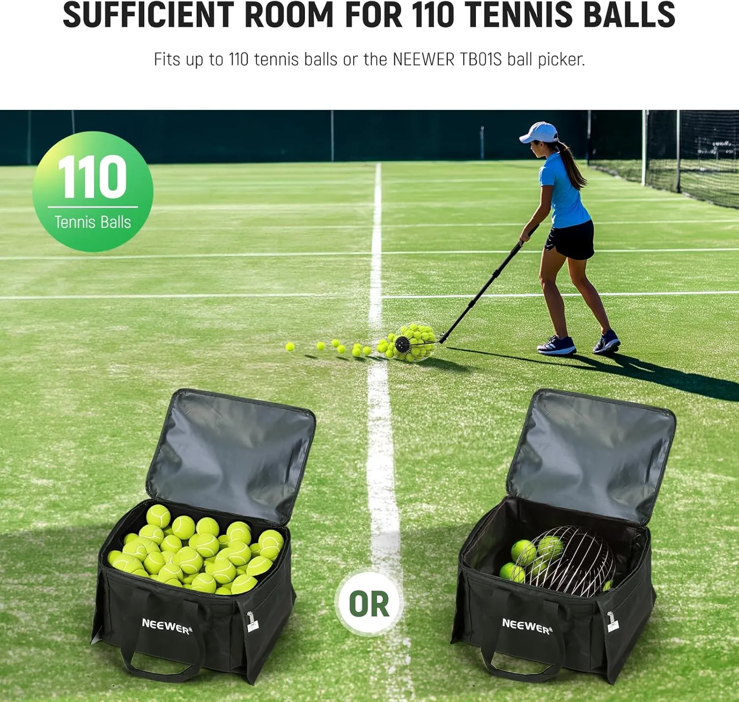 NEEWER Tennis Ball Pickleball Collector Roller, No Bending Over Quick Rolling Picker for 1.5"-3" Balls, 30-58"/77-148cm Telescopic Golf Ball Retriever for Up to 40 Tennis Balls, TB01S