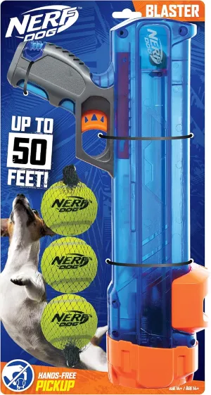 Nerf Dog Tennis Ball Blaster Dog Toy Gift Set, Tennis Ball Dog Fetch Toy Launches up to 50 ft, Dog Ball Thrower for All Breeds Includes Translucent Blue Tennis Ball Launcher and 3 Dog Tennis Balls
