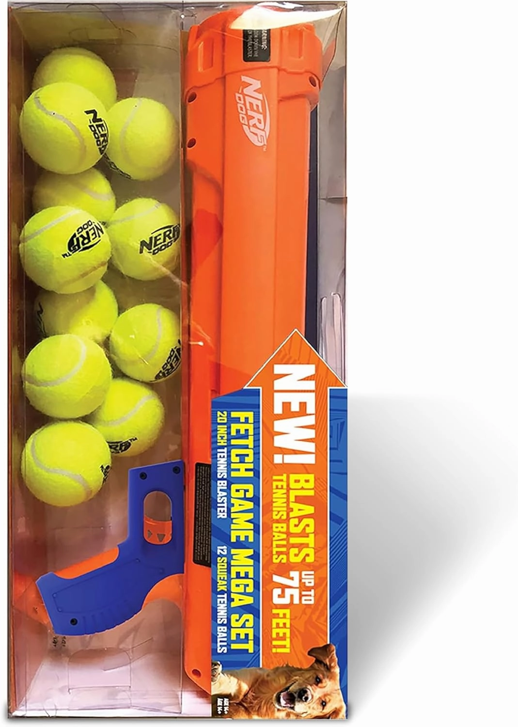 Nerf Dog Fetch Game Mega Set Dog Toy, Includes 20 Inch Tennis Ball Blaster and 12 Squeak Tennis Balls, Orange