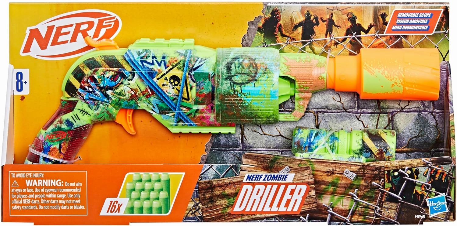 NERF Zombie Driller Dart Blaster, 16 Nerf Elite Darts, Rotating 5 Dart Cylinder, Removable Scope, Outdoor Games, Ages 8 