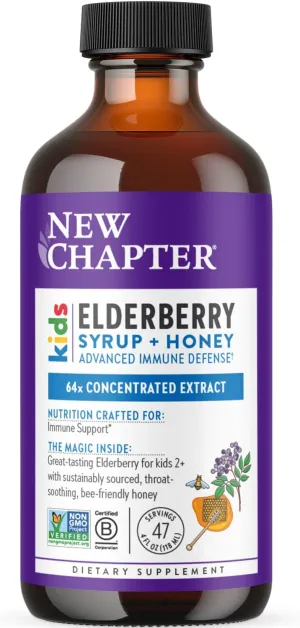 New Chapter Elderberry Kids Syrup, Advanced Immune Defense for Ages 2 , 64x Concentrated Elderberry, Sweetened with Throat-Soothing Grade A Honey, Non-GMO Project Verified, 4 Fl Ounce