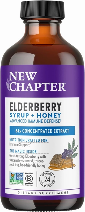 New Chapter Elderberry Syrup, 24 Servings, Immune Defense for Adults & Kids (2 ), 64x Concentrated Black Elderberry   Throat-Soothing Grade A Honey, Non-GMO Project Verified, Gluten Free