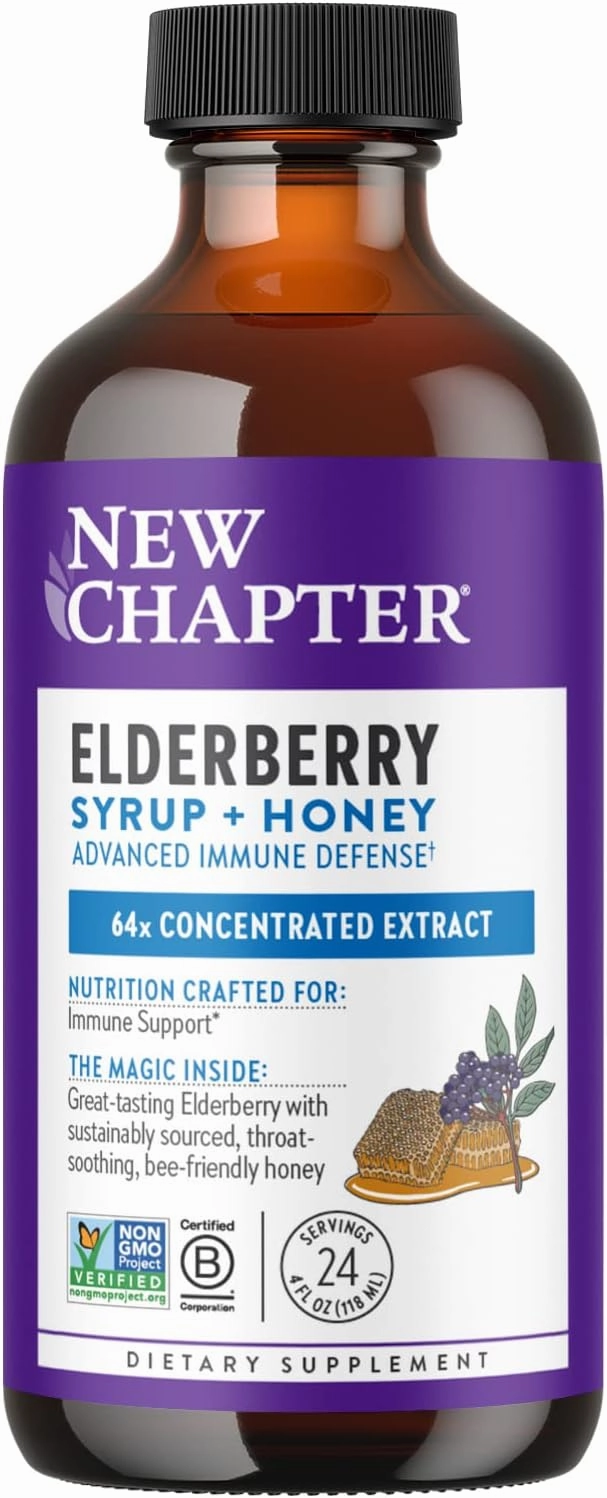 New Chapter Elderberry Syrup, 24 Servings, Immune Defense for Adults & Kids (2 ), 64x Concentrated Black Elderberry   Throat-Soothing Grade A Honey, Non-GMO Project Verified, Gluten Free
