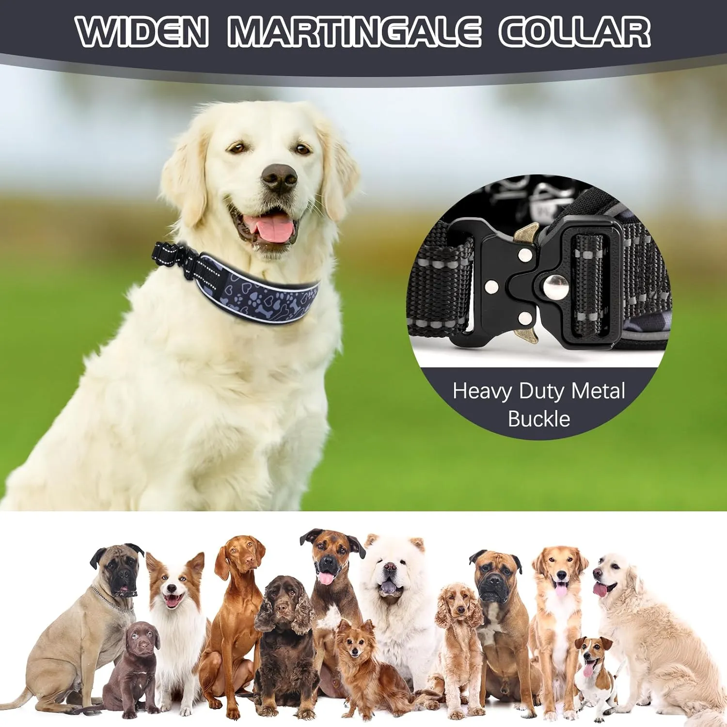 No Pull Dog Training Collar - Adjustable Martingale Slip Collar with Heavy Duty Metal Buckle & Reflective Widened Nylon for Small Medium Large Dogs - Use for Walking, Hunting & Training,M
