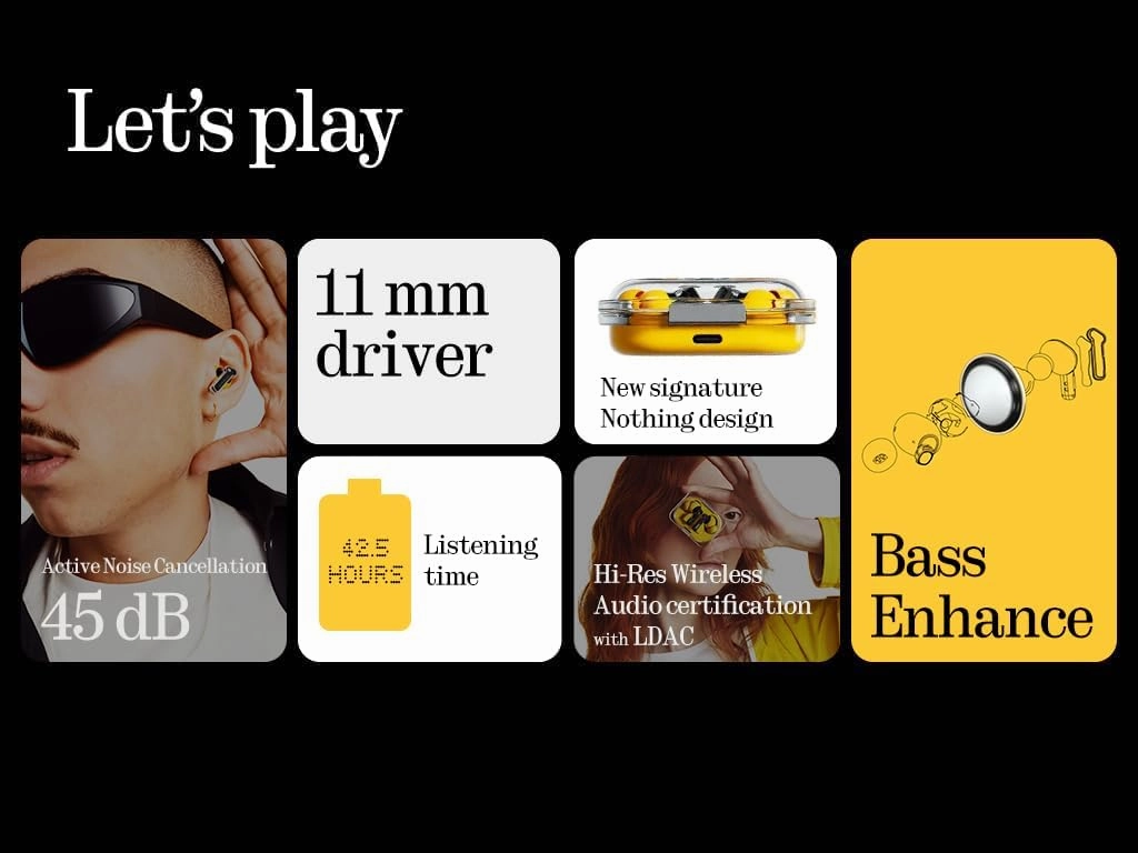 Nothing Ear (a) Wireless Earbuds with ChatGPT Integration, 45dB Hybrid Noise Cancelling Earbuds, Hi-Res Audio, Advanced Equaliser, Dual Connect,6 Mics,42.5H Playtime Ear buds Wireless Bluetooth Yellow