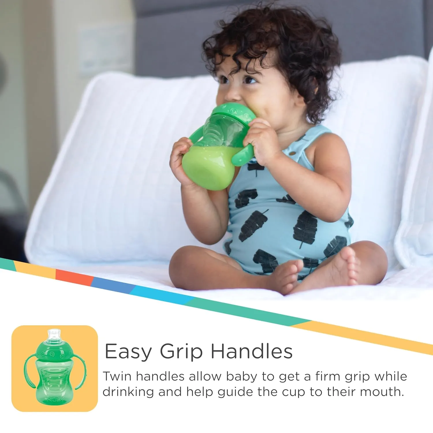 Nuby 3 Pack Two Handle No Spill Toddler Sippy Cups - Toddler Cups Spill Proof with Easy and Firm Grip - Aqua, Blue, Green