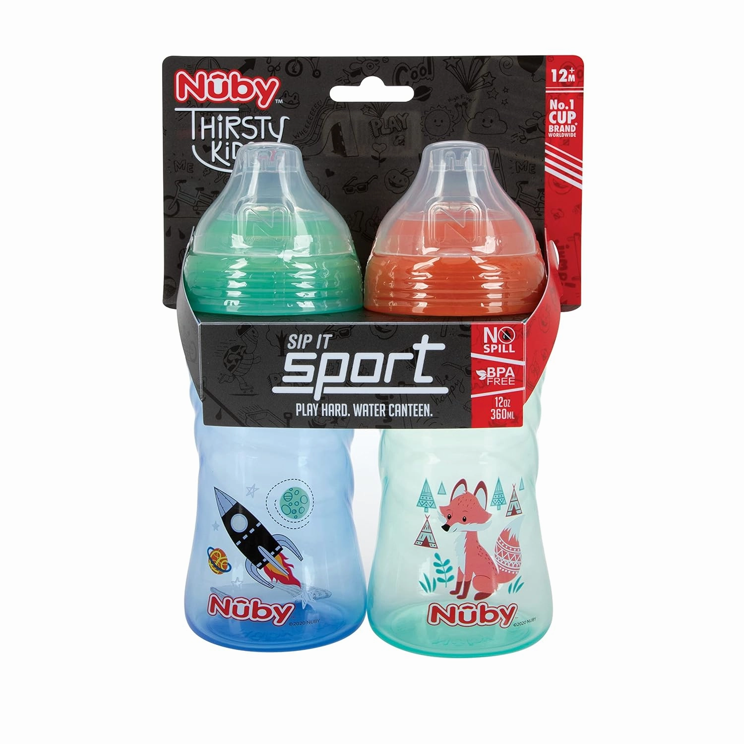 Nuby 2 Pack No Spill Printed Thirsty Kids No-Spill Sip-it Sport Cup with Soft Spout and Lid - 12oz, 12  Months,2 Count(Pack of 1),Print May Vary
