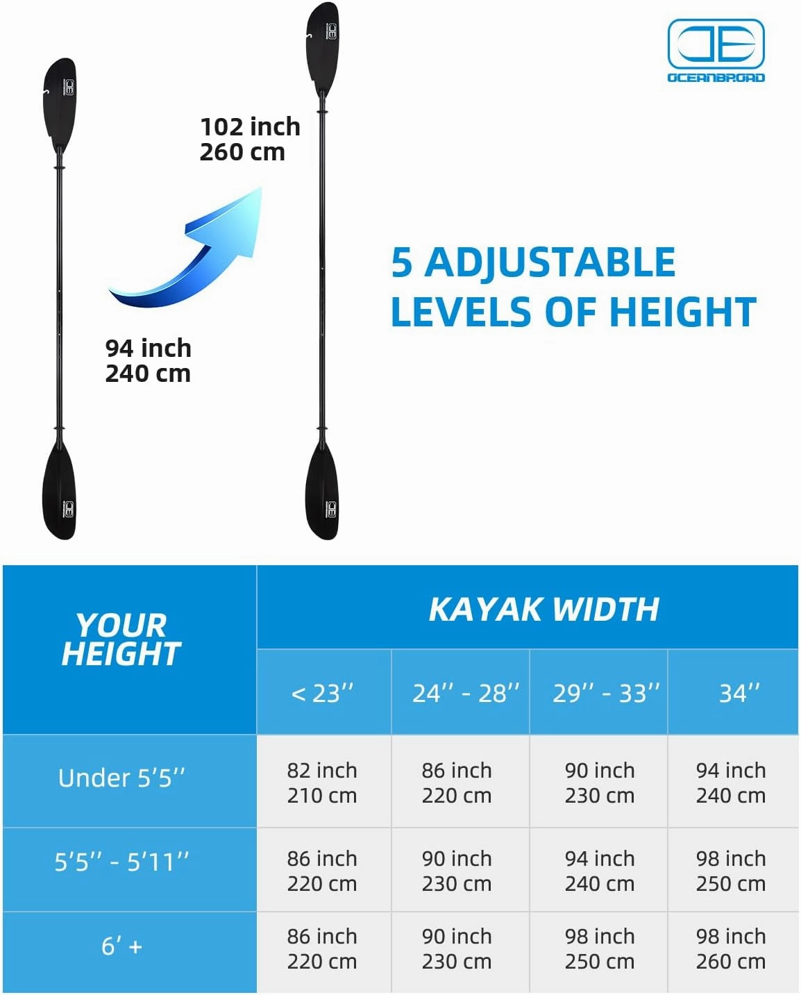 OCEANBROAD Adjustable Fishing Kayak Paddle - 94in/240cm-98in/250cm-102in/260cm Aluminum Alloy Shaft with Paddle Leash
