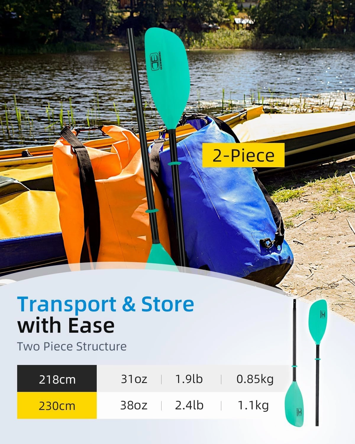 OCEANBROAD Kayak Paddle 86in/218cm, 90.5in/230cm Alloy Shaft 2-Piece Floatable Kayak Oar for Kayaking Canoeing Boating
