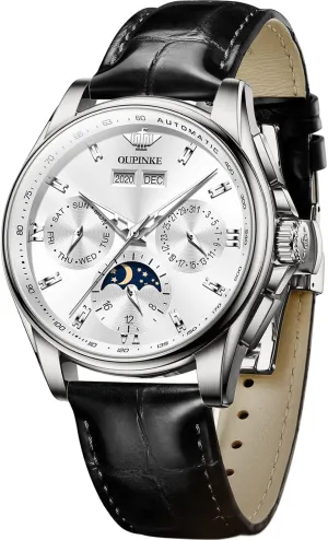 OLEVS Automatic Mechanical Mens Wrist Watches Luxury Dress Brown Leather Self Winding Moon Phase Waterproof Watches for Men